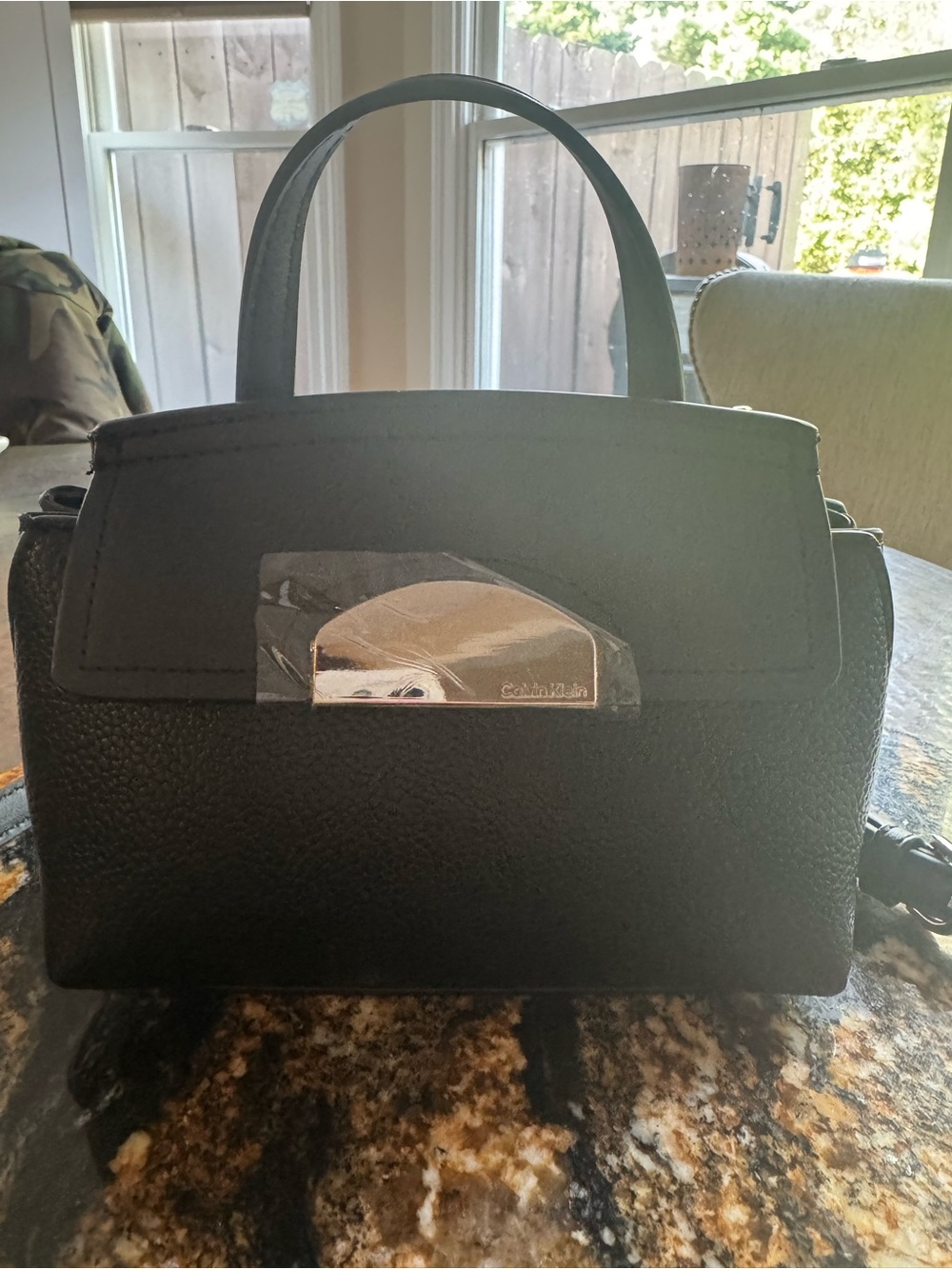 Calvin Klein Black Pebbled Leather Top-Handle Satchel with Silver Hardware